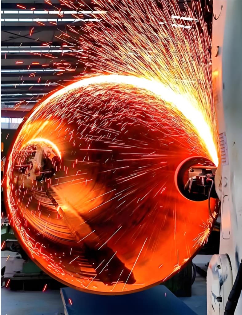 Sparks flying as the end of a large-diameter steel pipe is machined and finished on the line