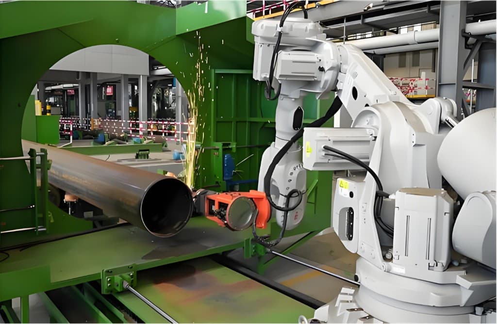 Robotic arm finishing the end of a large-diameter welded steel pipe