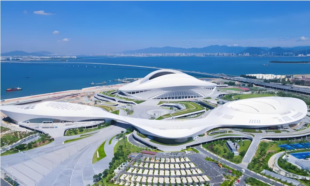 Aerial view of the Xiamen Olympic Sports Center stadium by the sea