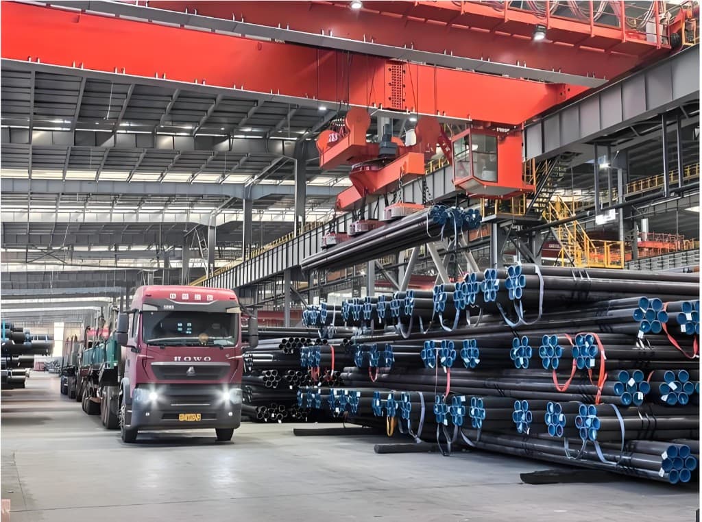 JURUN warehouse — overhead crane loading bundled seamless steel pipe onto trucks