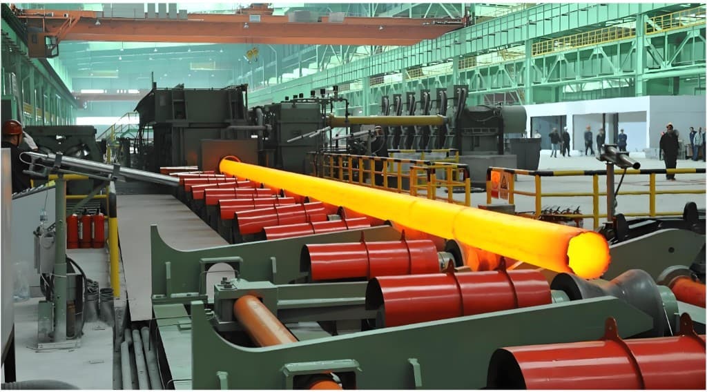 Glowing hot seamless steel shell travelling along the piercing and rolling line