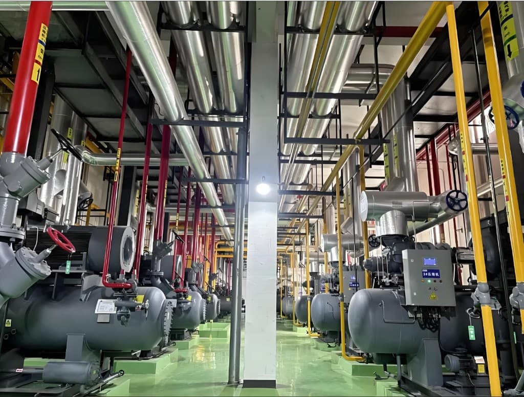Industrial chiller and refrigerant piping hall in a data-center cooling plant