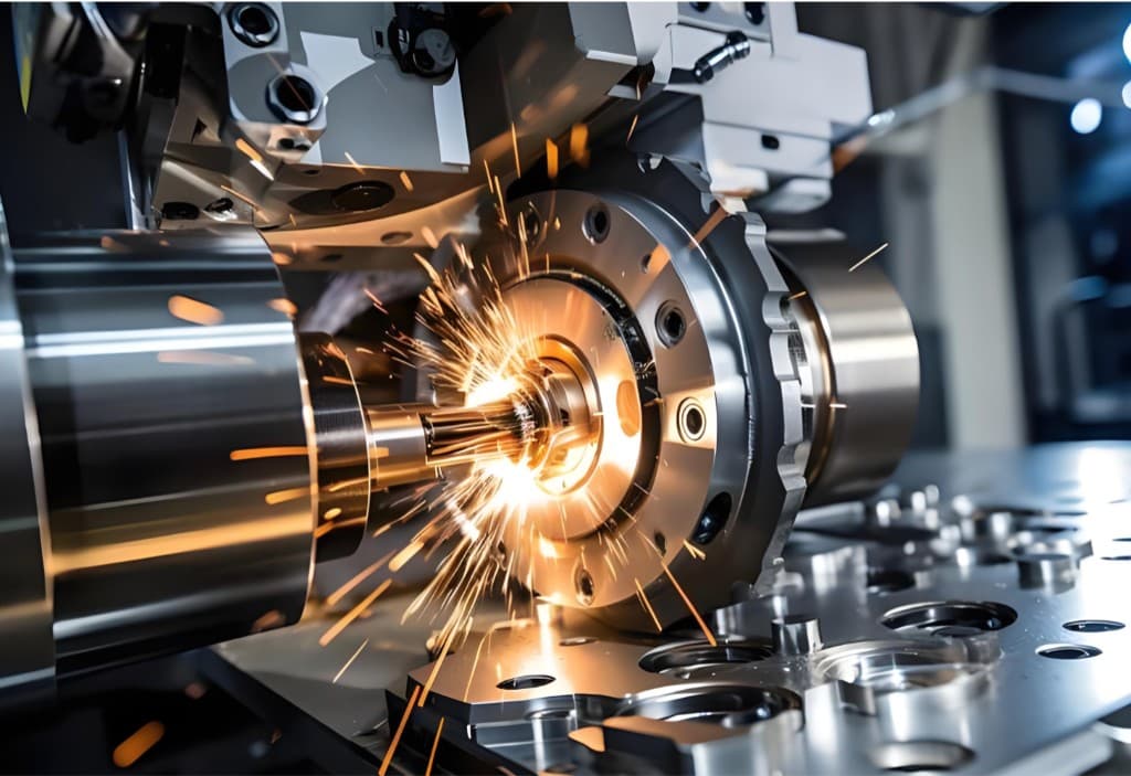 CNC machine tool cutting a precision metal part with sparks