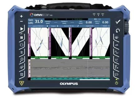 64-channel phased array ultrasonic flaw detector showing sectorial scans of a weld