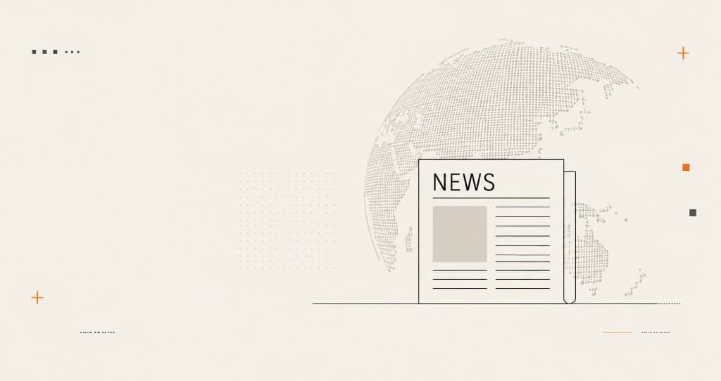 Illustration of a newspaper in front of a dotted globe representing JURUN news and global reach
