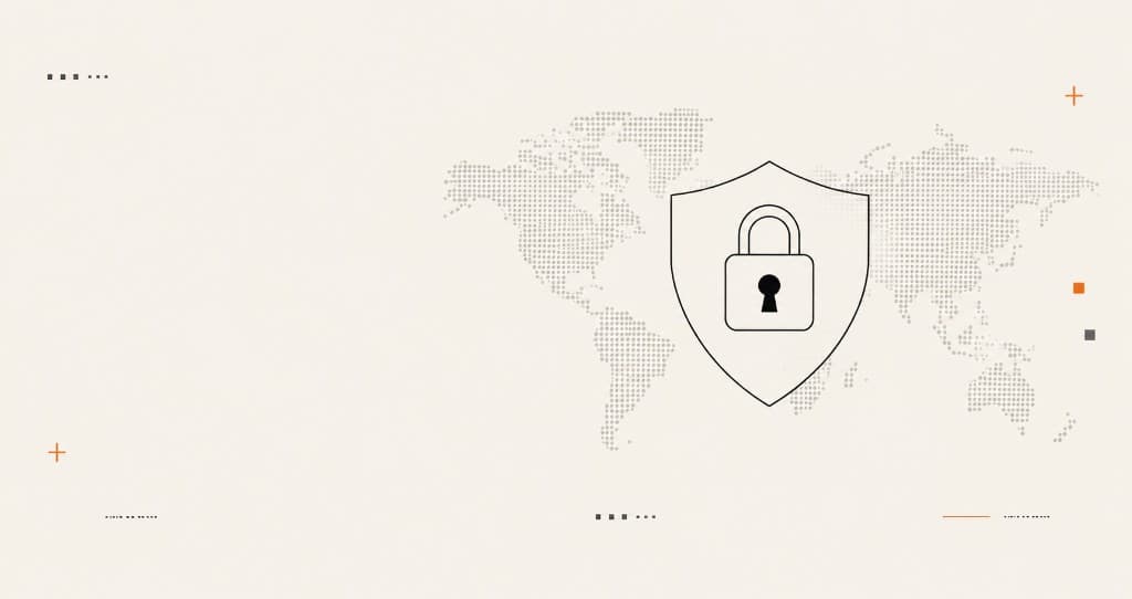 Line illustration of a shield with a padlock over a world map, representing data privacy