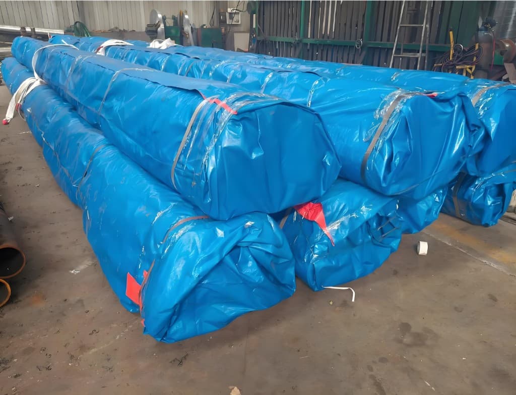 Pipe bundles sealed in waterproof tarpaulin wrapping for export